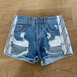 LF - Side Logo Tape Distressed Ripped High Waist Jean Shorts in Blue and White